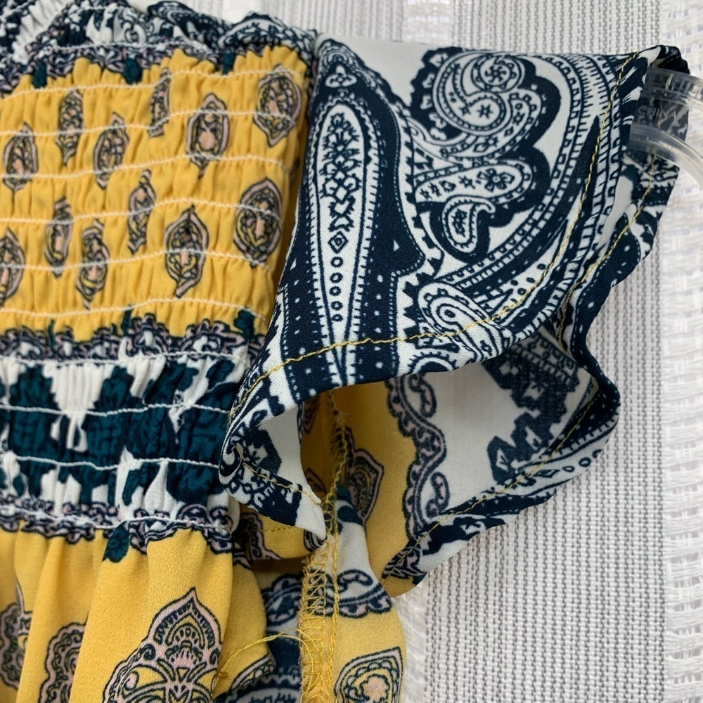 Charmed by Eve Blouse‎ Smocked High Neck Flutter Sleeve Blue Yellow Print Size M - Picture 3 of 10